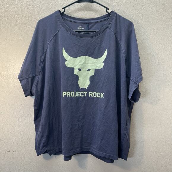 Under Armour Project Rock Shirt Womens XL Blue Bull Grind Gym Loose Fit Boxy - Picture 1 of 4